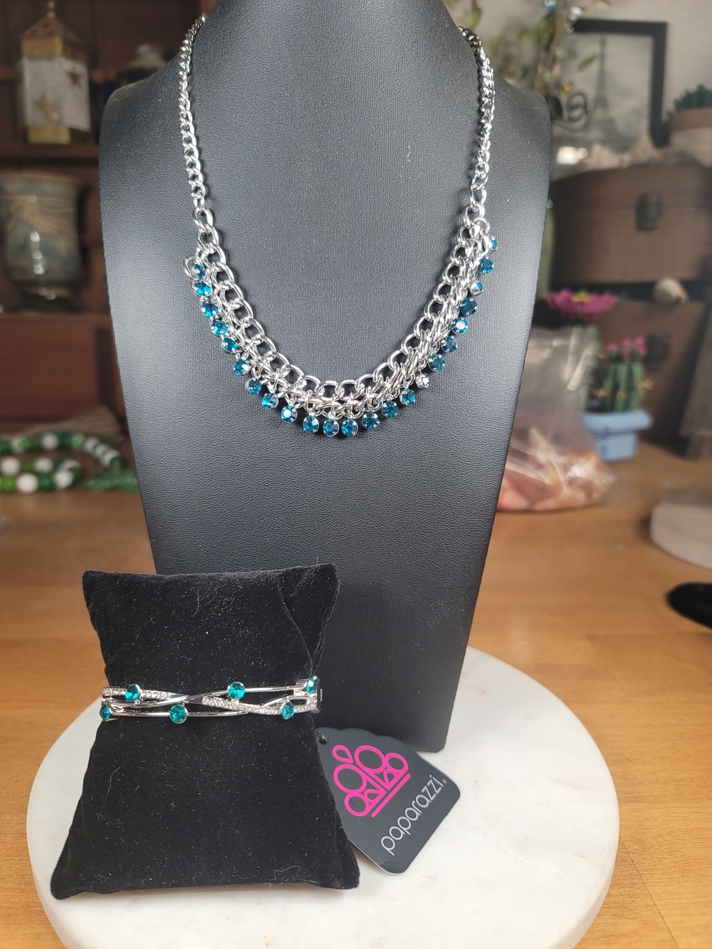 paparazzi Silver Chain Fringe Necklace and Bracelet Set - Teal